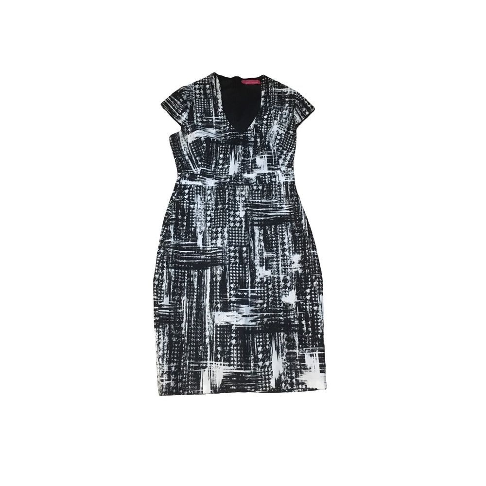 Pookie & Sebastian Medium Black & White painterly pattern stretchy midi dress